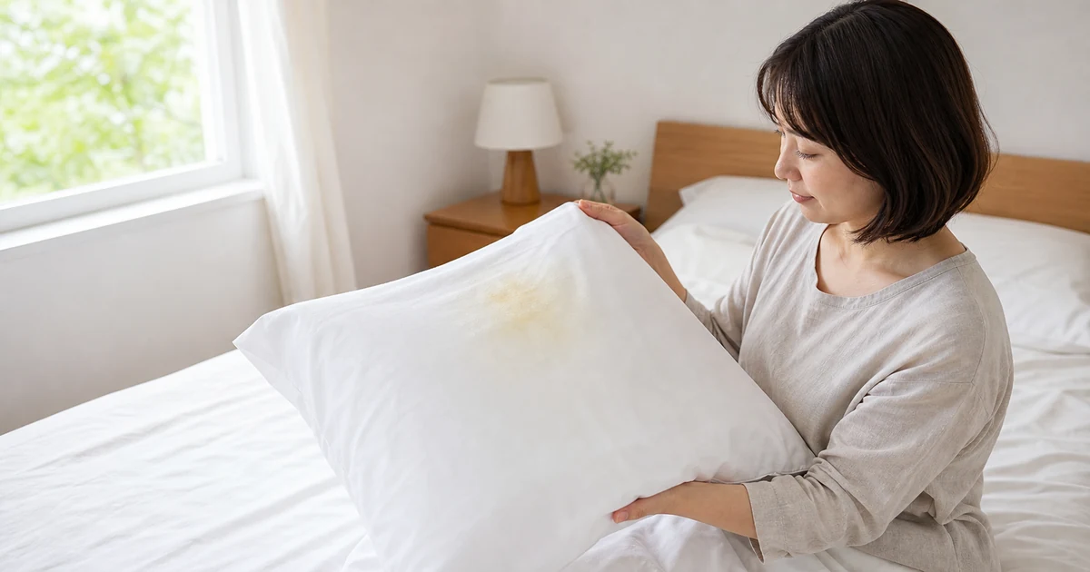 黄ばみが残った白い枕カバーを明るい寝室で確認する様子