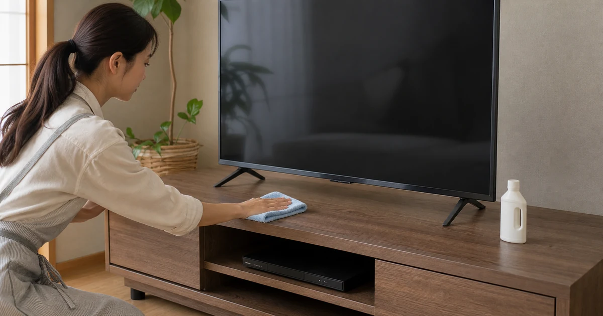 ウタマロでテレビ台まわりを拭く