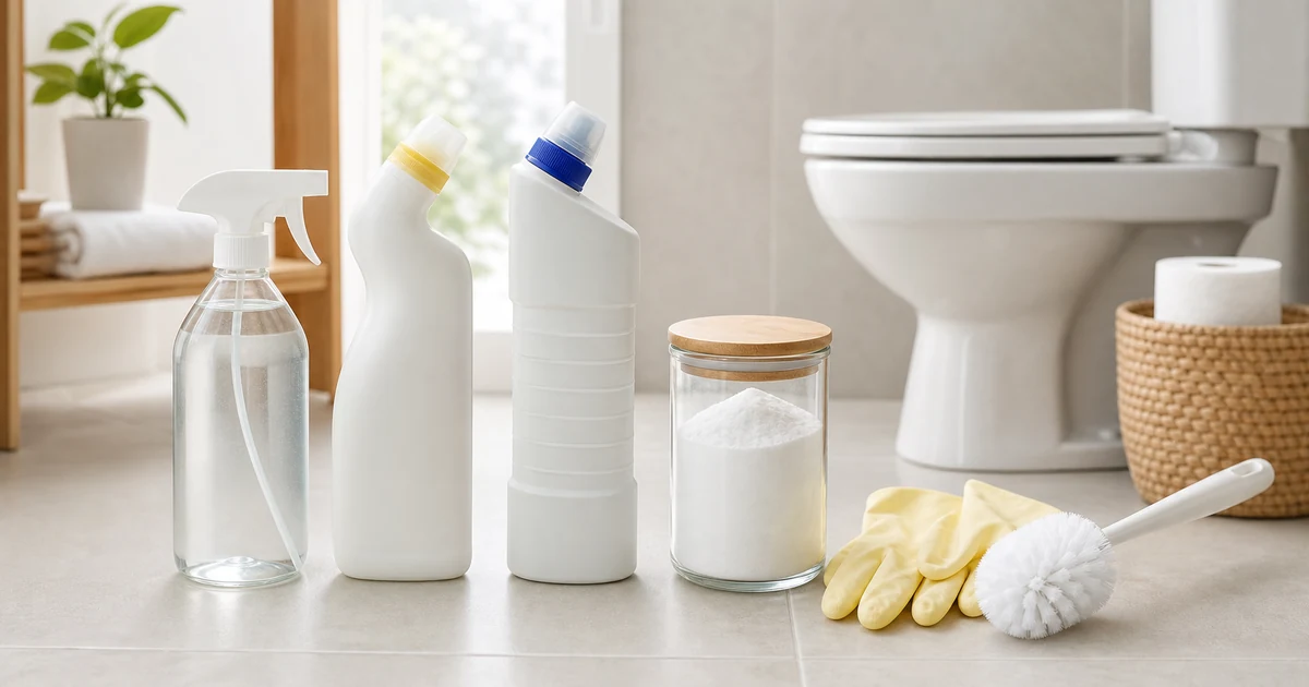 トイレ黒ずみ用の洗剤とブラシを並べる